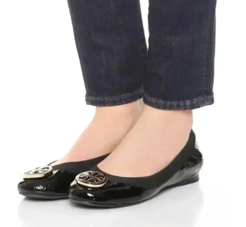 Tory Burch Caroline Ballet Flats Naplak Elastic Black Patent Leather Size 8